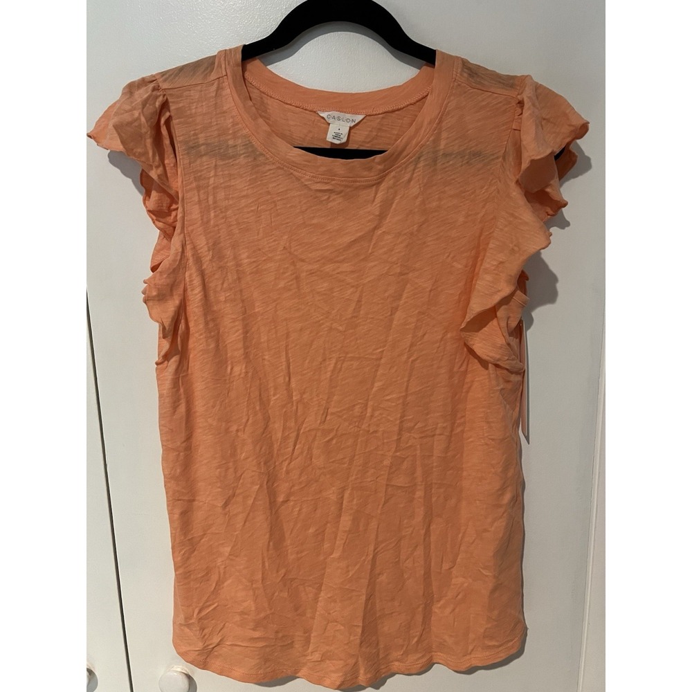 NWT Caslon Ruffle Trim Top Coral Small‎ Shirt Blouse Cotton Slub Type Material